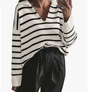 Casual Striped V-neck Knit Sweater